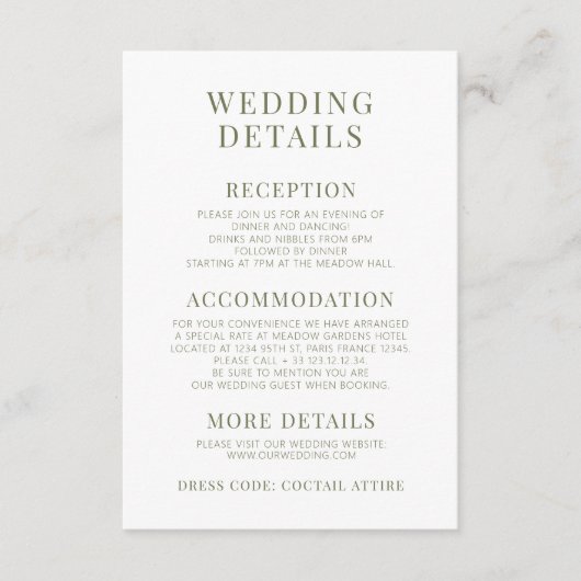 Stoffige groene olijfboomtak trouwdetails Kaart (Voorkant)