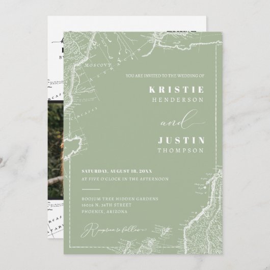 Stoffige Groene Retro Reizen QR Code Foto Bruiloft Kaart (Voorkant / Achterkant)