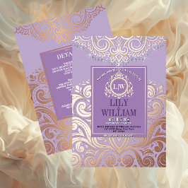 Stoffige lavendel RozeGoud Klassieke Monogram Brui Folie Uitnodiging