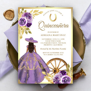 Stoffige Lila bloemenjurk Charro Gold Quinceanera Kaart