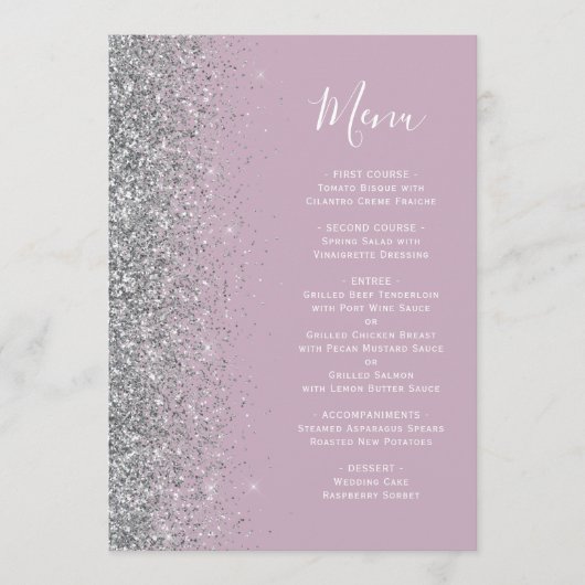 Stoffige Lila Silver Glitter bruiloft Menu (Voorkant)