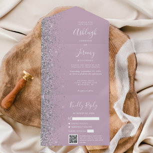 Stoffige Lilac Zilveren Glitter QR Code Bruiloft All In One Uitnodiging