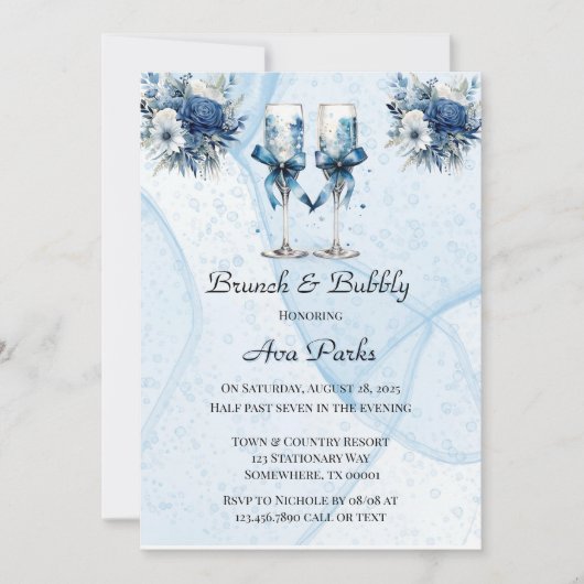 Stoffige Marine Blauwe Wijn Glas Brunch & Bubbly Kaart (Voorkant)