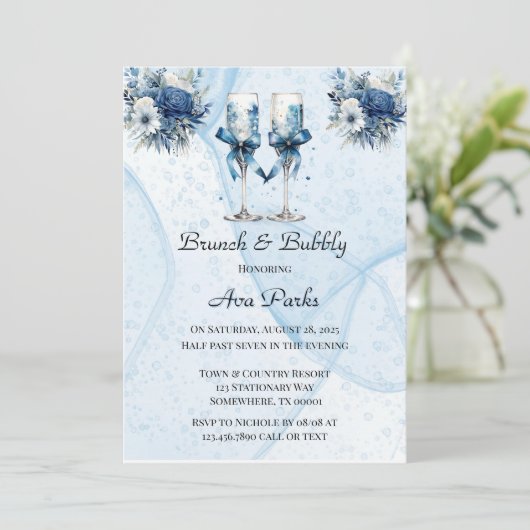 Stoffige Marine Blauwe Wijn Glas Brunch & Bubbly Kaart (Staand voorkant)