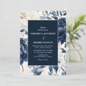 Stoffige marineblauw & wit bloemenbruiloft waterve kaart (Staand voorkant)