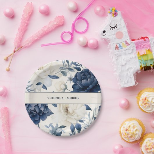 Stoffige marineblauw & wit bloemenbruiloft waterve papieren bordje (Feest)