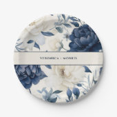 Stoffige marineblauw & wit bloemenbruiloft waterve papieren bordje (Voorkant)