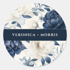 Stoffige marineblauw & wit bloemenbruiloft waterve ronde sticker