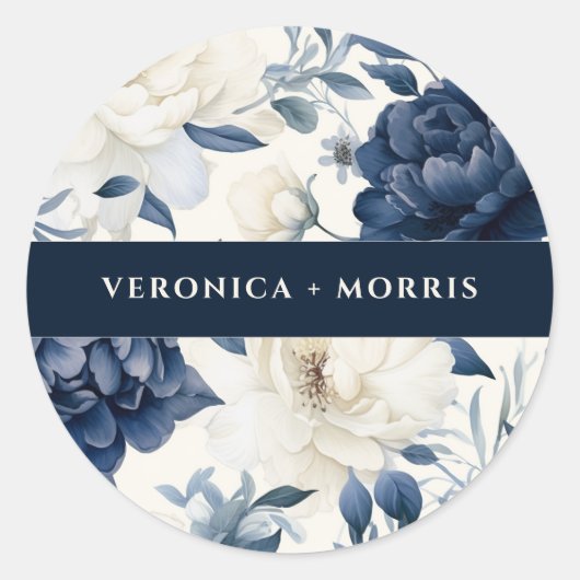 Stoffige marineblauw & wit bloemenbruiloft waterve ronde sticker (Voorkant)