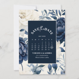 Stoffige marineblauw & witte bloemenkalender water save the date