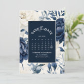 Stoffige marineblauw & witte bloemenkalender water save the date (Staand voorkant)