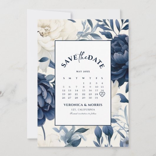 Stoffige marineblauw & witte bloemenkalender water save the date (Voorkant)