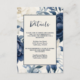 Stoffige marineblauw & witte bloemige waterverf informatiekaartje