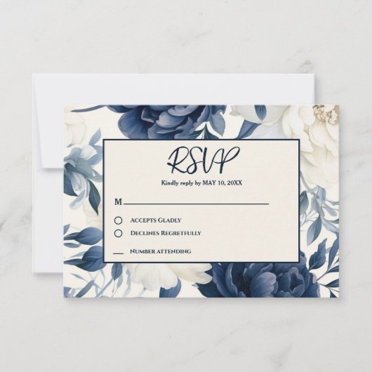 Stoffige marineblauw & witte bloemige waterverf RSVP kaartje (Voorkant)