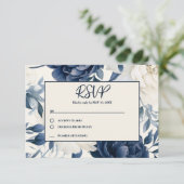 Stoffige marineblauw & witte bloemige waterverf RSVP kaartje (Staand voorkant)