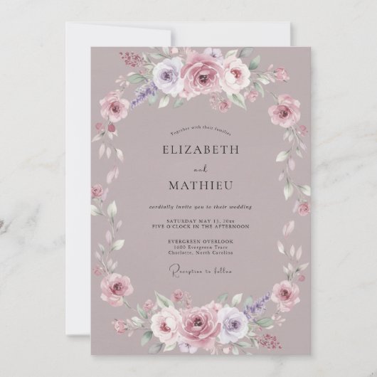 Stoffige Mauve Bloem Bruiloft Kaart (Voorkant)