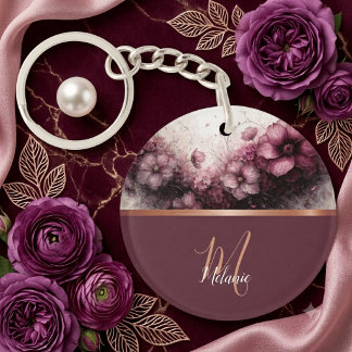 Stoffige Mauve Bloem Roze Gouden Monogram Sleutelhanger