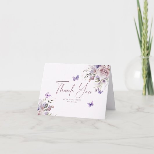 Stoffige mauve bloem vlinder bruiloft feest bedankkaart (Voorkant)