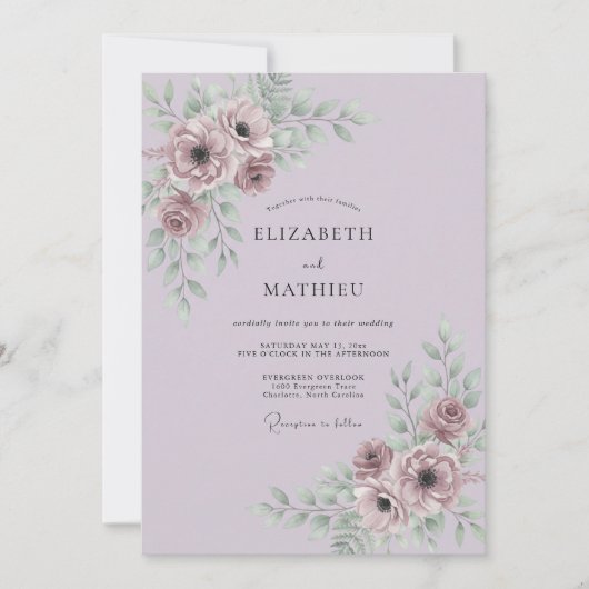 Stoffige Mauve Bloemige Bruiloft Kaart (Voorkant)