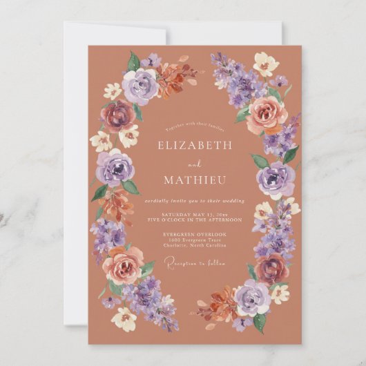 Stoffige Mauve Bloemrijke Bruiloft Kaart (Voorkant)