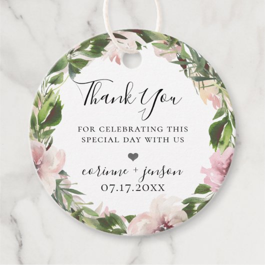 Stoffige mauve botanische krans bedankjes labels (Voorkant)