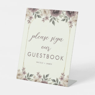 Stoffige Mauve & Ivoren Bloesem Botanisch Gastboek Reclamebord Met Voetstuk