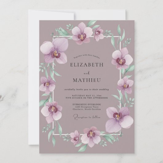 Stoffige Mauve Orchideeën Bruiloft Kaart (Voorkant)