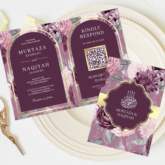 Stoffige Mauve Paarse Bloemige QR Code Moslim Brui