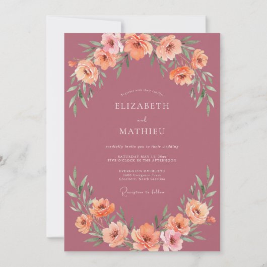Stoffige Mauve Perzikbloemblad Bruiloft Kaart (Voorkant)
