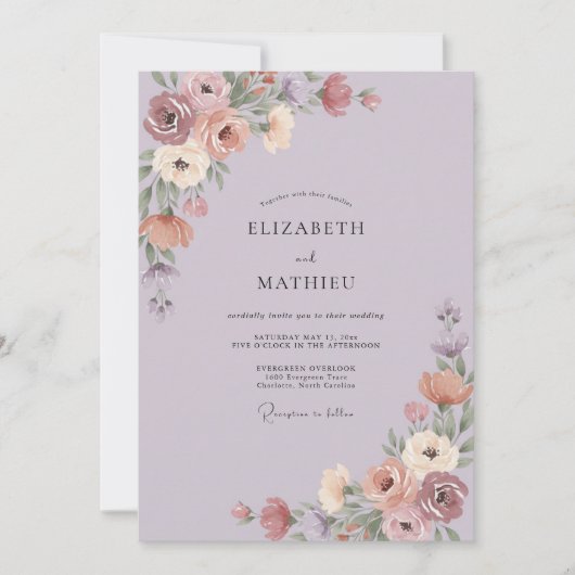 Stoffige Mauve Pioen Huwelijk Kaart (Voorkant)