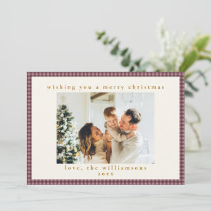 Stoffige mauve pruim geruite familie kerstkaart