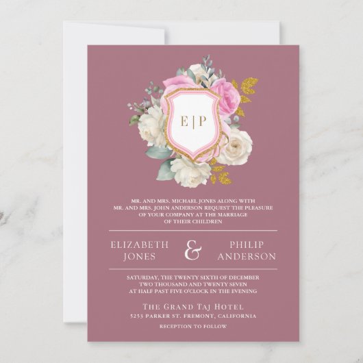 Stoffige Mauve Roze Bloemencode QR Crest Trouwfees Kaart (Voorkant)