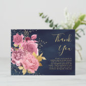 Stoffige Mauve Roze Bloemige Navy Blauwe Bruidsdou Bedankkaart (Staand voorkant)