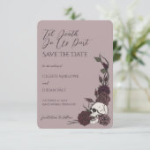 Stoffige Mauve Schedel en Roos Save the Date (Staand voorkant)
