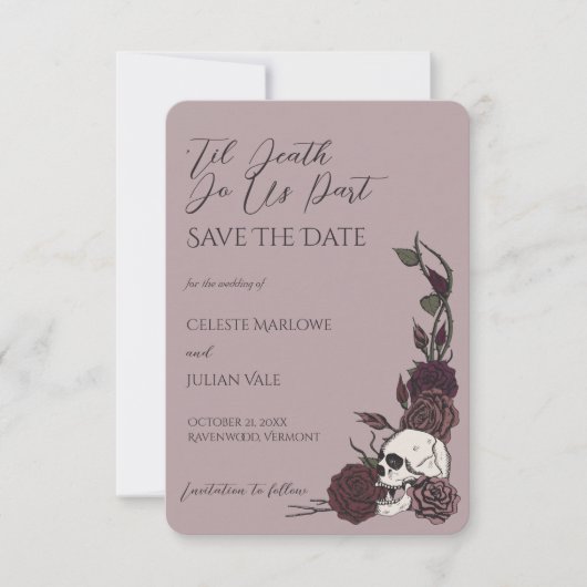 Stoffige Mauve Schedel en Roos Save the Date (Voorkant)