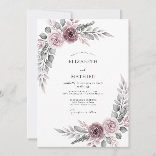 Stoffige Mauve Serene Bloemige Bruiloft Kaart (Voorkant)