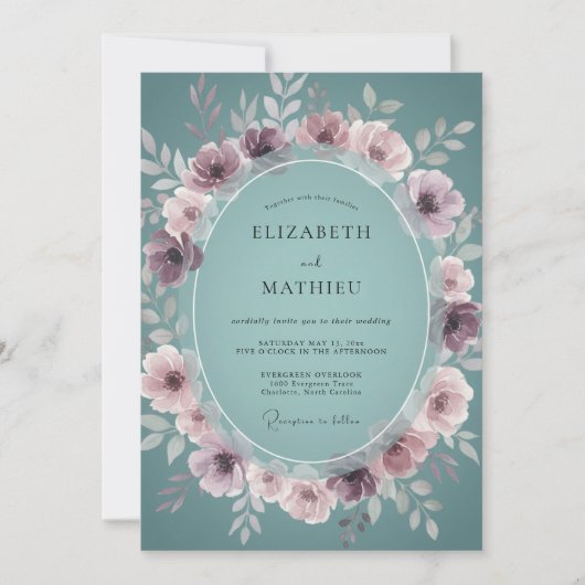 Stoffige Mauve Teal Krans Bruiloft Kaart (Voorkant)