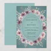 Stoffige Mauve Teal Krans Bruiloft Kaart (Voorkant / Achterkant)