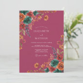 Stoffige Mauve Teal Wilde Bloem Bruiloft Kaart (Staand voorkant)