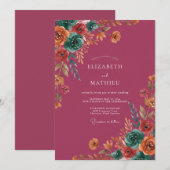 Stoffige Mauve Teal Wilde Bloem Bruiloft Kaart (Voorkant / Achterkant)