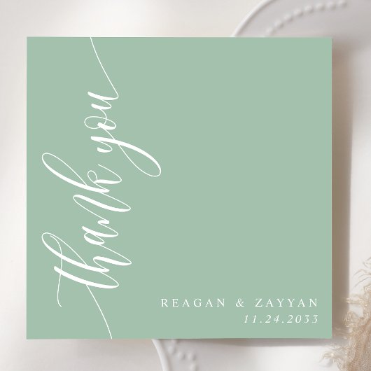 Stoffige Mint Calligrafie Script Bruiloft Bedankkaart
