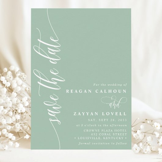 Stoffige Mint Eenvoudige Moderne Script Bewaar De Save The Date