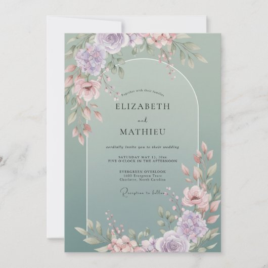 Stoffige Mint Wilde Bloemen Bruiloft Kaart (Voorkant)
