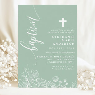 Stoffige Mint Witte Bloemige Elegante Doop Schrift Kaart