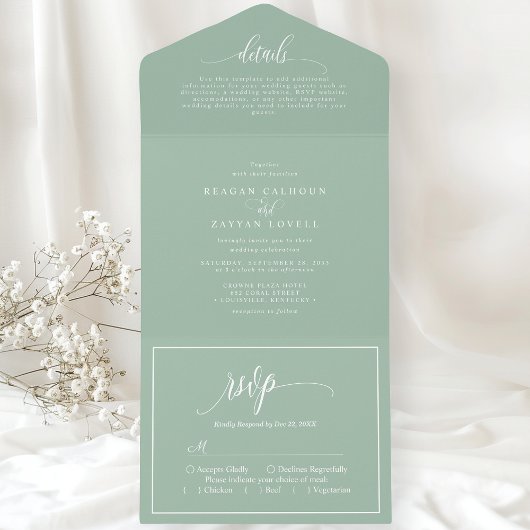 Stoffige Mintgroene Eenvoudige Moderne Script All In One Uitnodiging