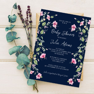 Stoffige Navy Blau Roze Hibiscus Bloei Baby Shower Kaart