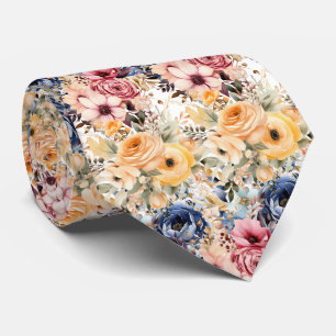 Stoffige Navy Blauwe en Perzik Roze Bloemen Bloemi Stropdas