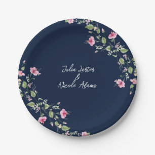 Stoffige Navy Blauwe Roze Hibiscus Bloei Trouw Bru Papieren Bordje