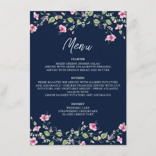 Stoffige Navy Blauwe Roze Hibiscus Bloei Trouwfees Menu