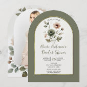 Stoffige Olijf & Roze Aquarel Bloem Bruidsdouche Kaart (Voorkant / Achterkant)